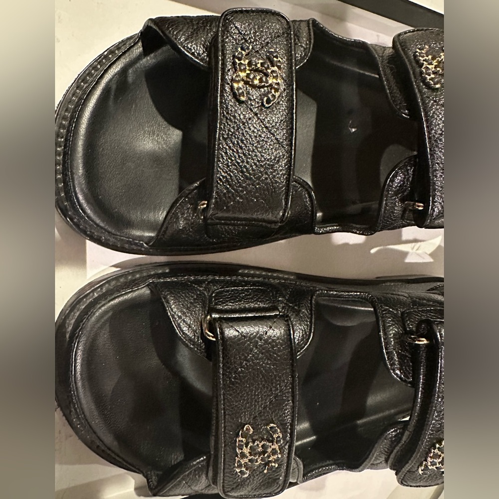 Chanel Caviar Quilted Leather Gold Chain Logo Flat Slingback Black Dad Sandals